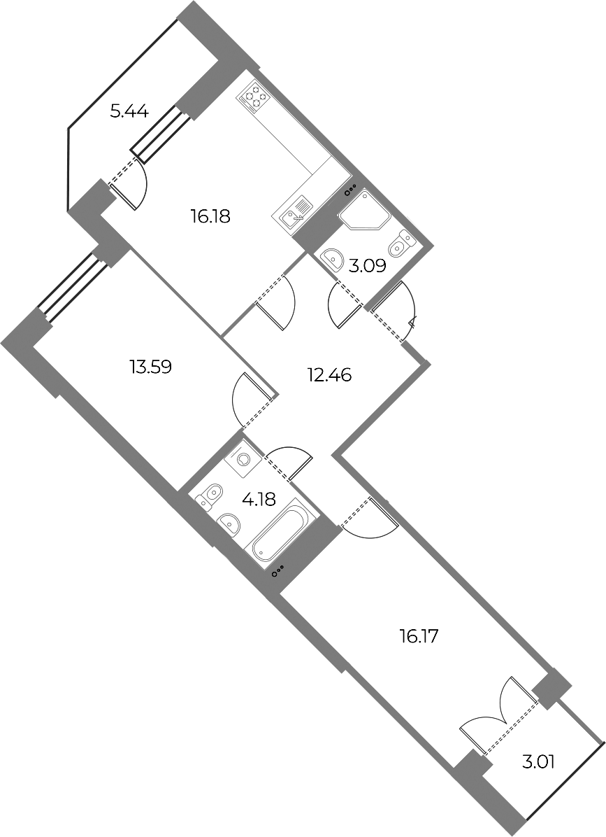 2-комнатная квартира 69.9 м², 20/20 эт., ЖК «Огни Залива»